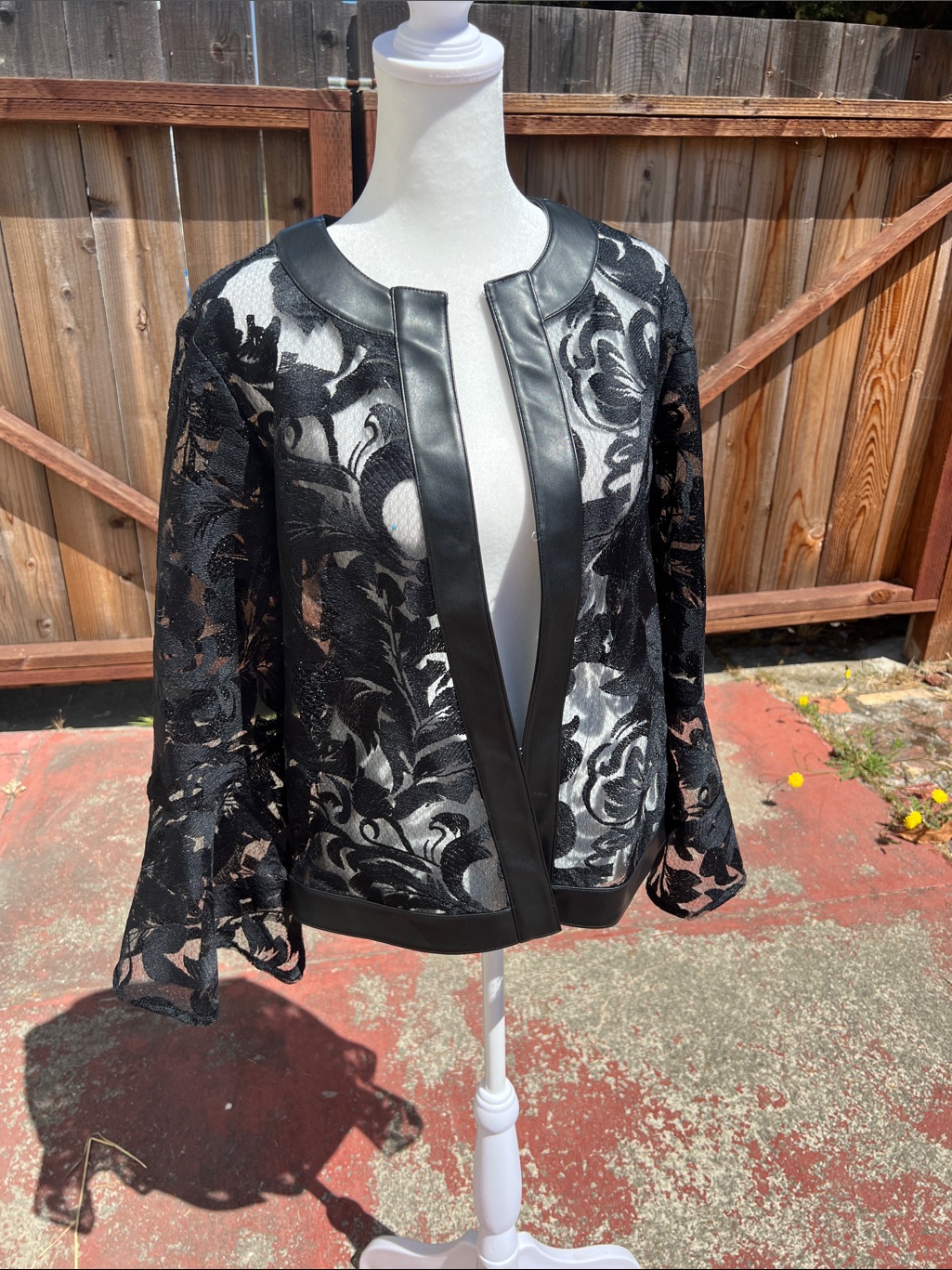Colleen Lopez Black Lace Open-Front Blazer With Faux Leather Trim